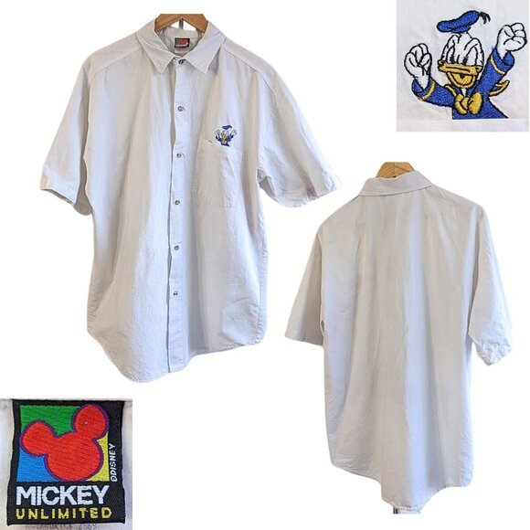 Mickey Unlimited Other - Vtg DISNEY MICKEY UNLIMITED Grumpy Donald White SS Button-Down Shirt Size L